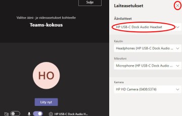 Napauta äänilaitteesta oikealta alasvetovalikko auki ja valitse omat kuulokkeesi. Lopuksi sulje asetukset rastista oikeasta nurkasta..