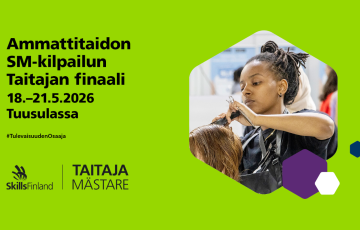 Taitaja-kisojen banneri. Ammattitaidon SM-kilpailun Taitajan finaali 18.-21.5.2025 Tuusulassa
