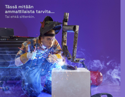 Amatööri hitsaushommissa sekä teksti: "Tässä mitään ammattilaista tarvita... Tai ehkä sittenkin."