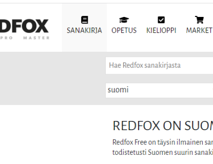 Kuvakaappaus RedFox-sanakirjan aloitussivusta, jossa vasemmassa yläkulmassa punainen ketun pää ja keskellä haku- ja suodatustoiminnot