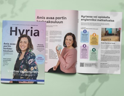 Kuva lehden kannesta ja sisäaukeamasta joissa molemmissa AMK-koordinaattori Anna Skytten. 
