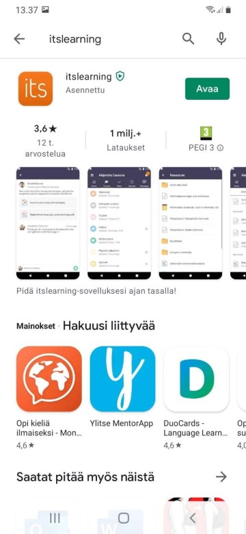 Kun sovellus on asentunut,  paina Avaa.
