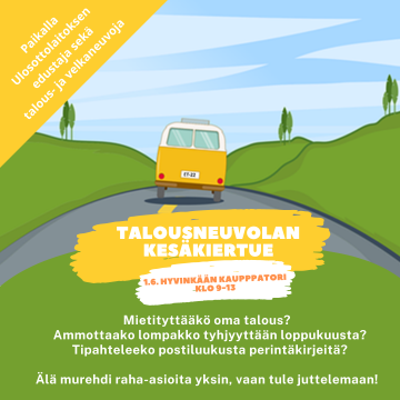 Piirroskuvassa bussi huristelee tietä pitkin ympärillään metsää ja mäkiä. Tekstissä kiertueen aikataulu.